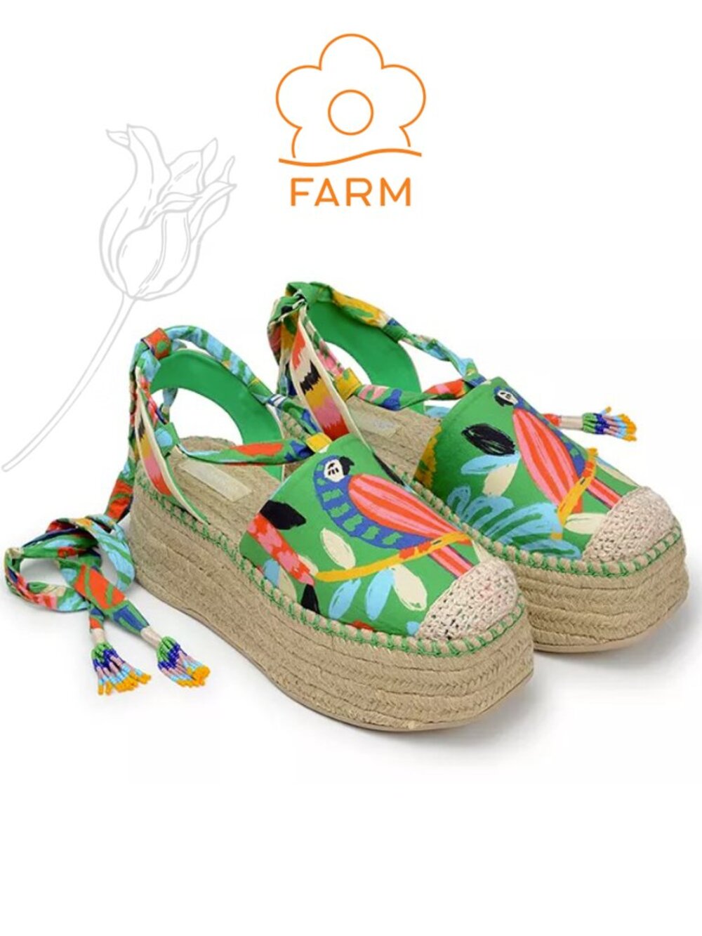 FARM RIO Green Forest Birds Espadrille Platform Sandals